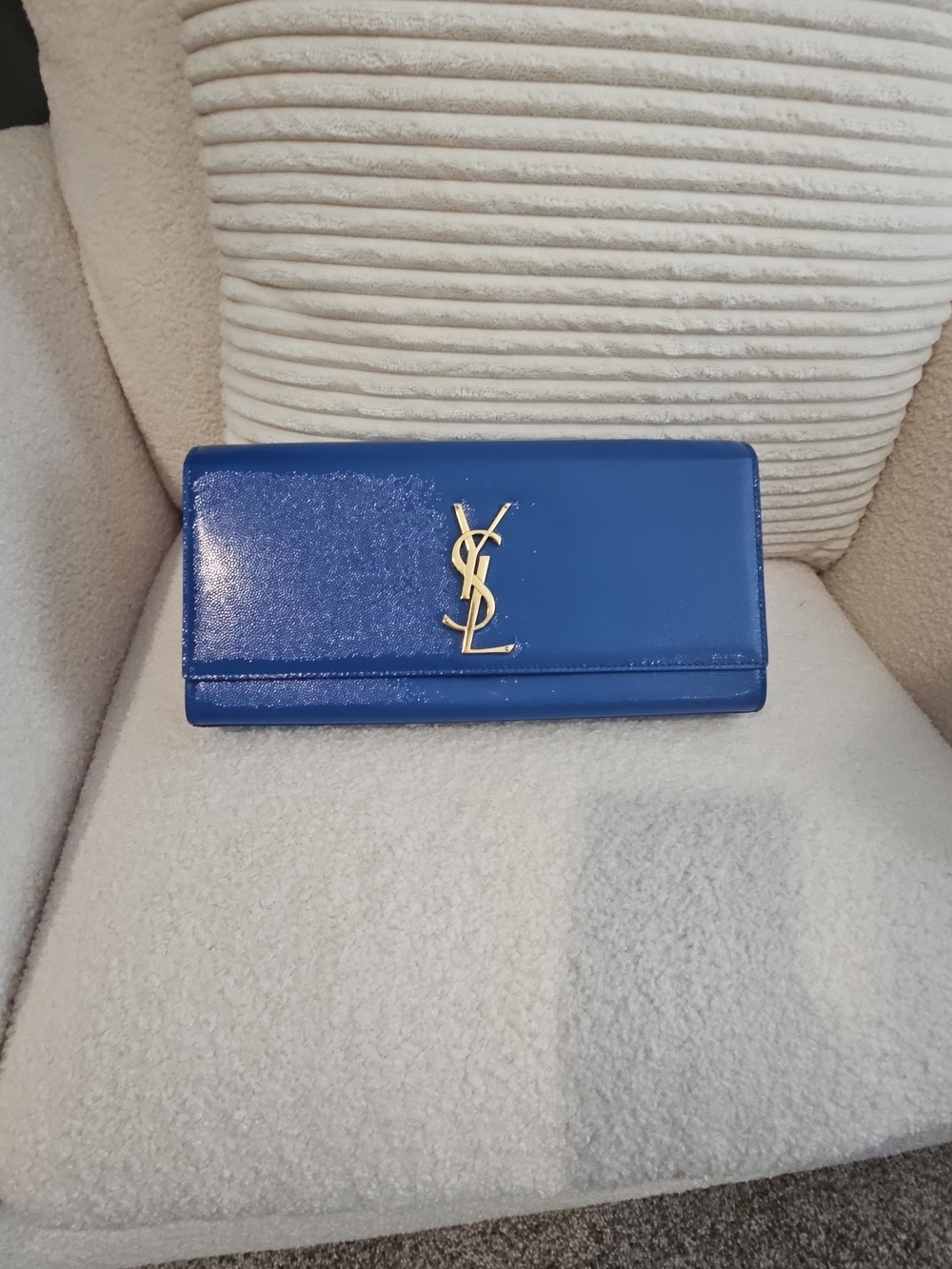 Saint Laurent Sapphire Patent Leather Clutch with Gold YSL